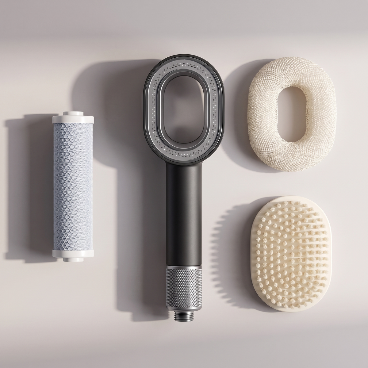 Filter cartridge, shower head, exfoliating ring and body brush