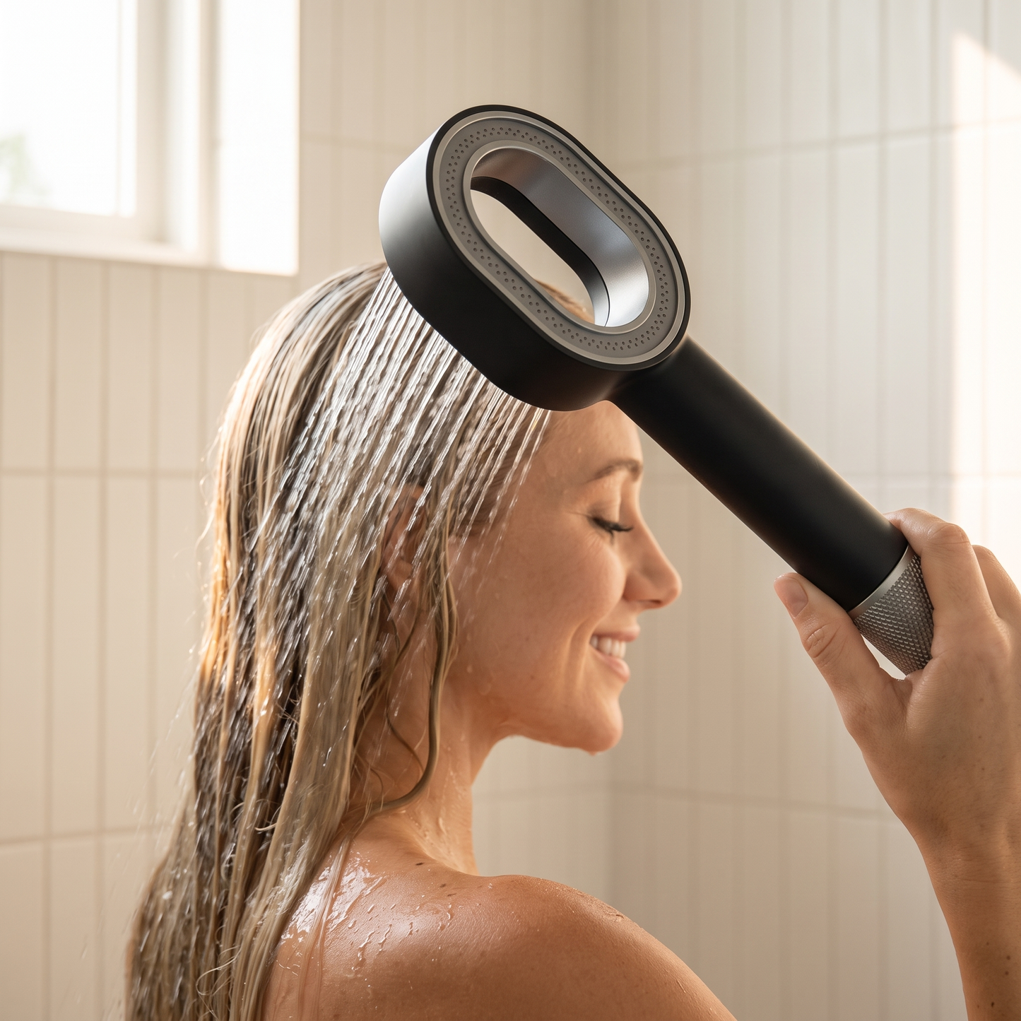 The shower head in use, rinsing long hair